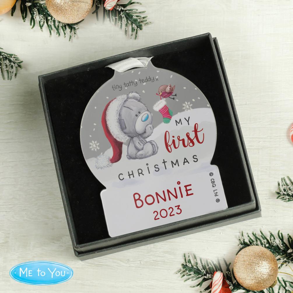 Personalised First Christmas Tiny Tatty Teddy Acrylic Snow Globe Decoration Extra Image 3